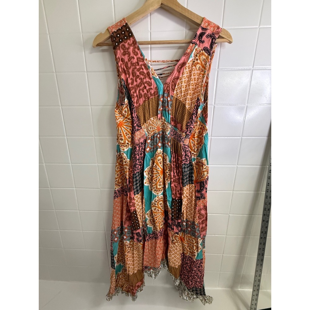 Easel Women Patchwork Handkerchief Hem Midi Dress Orange Pink Boho Lace Up Med - Picture 2 of 7